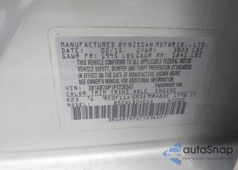 2015 Nissan Sentra Fe+ S/S/Sl/Sr/Sv z USA, uszkodzony, nr VIN 3N1AB7AP1FY236547